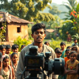 A heartfelt scene depicting Rakib, a young man who transformed from poverty to success, passionately sharing his struggle story in front of a camera