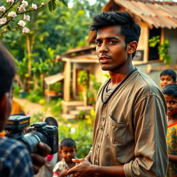 A heartfelt scene depicting Rakib, a young man who transformed from poverty to success, passionately sharing his struggle story in front of a camera