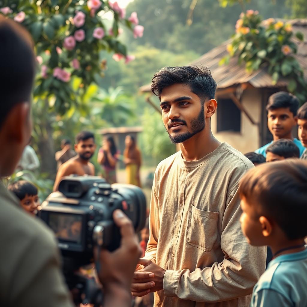 A heartfelt scene depicting Rakib, a young man who transformed from poverty to success, passionately sharing his struggle story in front of a camera