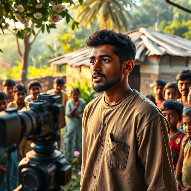 A heartfelt scene depicting Rakib, a young man who transformed from poverty to success, passionately sharing his struggle story in front of a camera