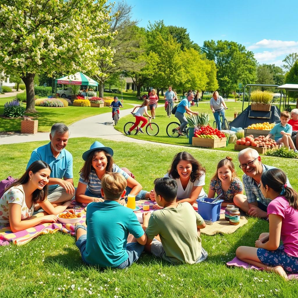 A vibrant, ideal community scene featuring a diverse group of happy people engaging in various activities