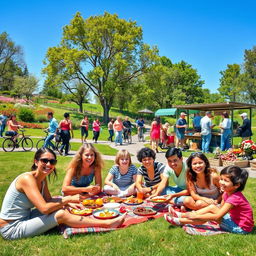 A vibrant, ideal community scene featuring a diverse group of happy people engaging in various activities
