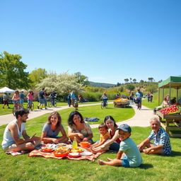 A vibrant, ideal community scene featuring a diverse group of happy people engaging in various activities