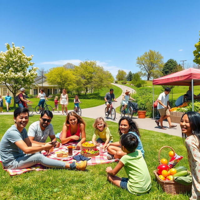 A vibrant, ideal community scene featuring a diverse group of happy people engaging in various activities