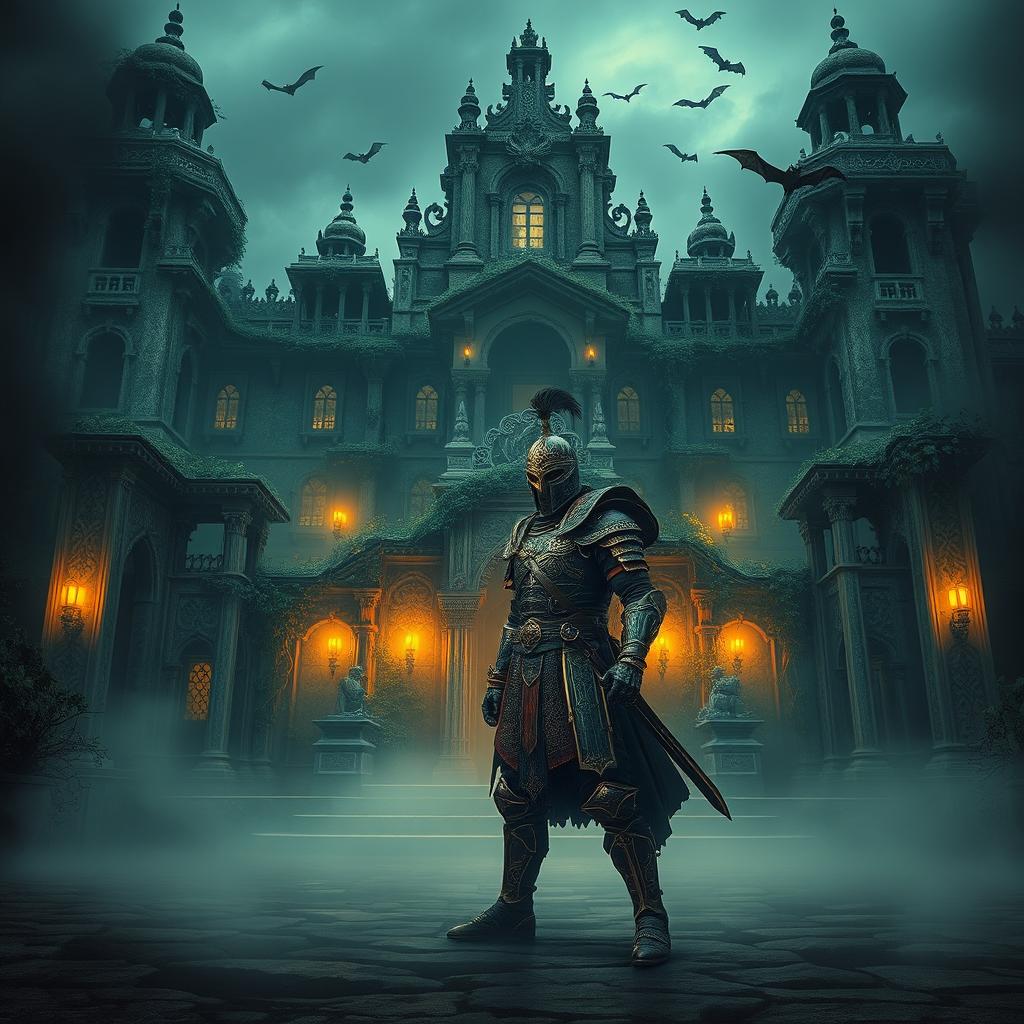 A brave warrior clad in intricate medieval Indian armor, standing resolutely at the grand entrance of a mysterious and haunted palace