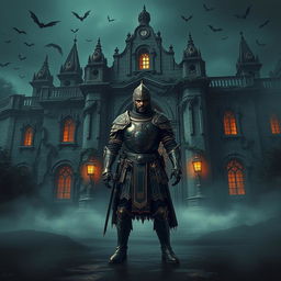 A brave warrior clad in intricate medieval Indian armor, standing resolutely at the grand entrance of a mysterious and haunted palace