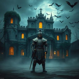 A brave warrior clad in intricate medieval Indian armor, standing resolutely at the grand entrance of a mysterious and haunted palace