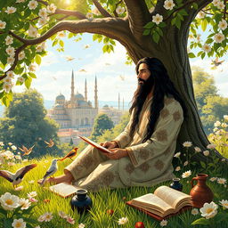 A beautiful scene depicting Ferdowsi, the renowned Persian poet, sitting under a grand tree in a lush green garden, where he is in the process of writing the Shahnameh