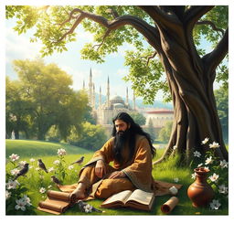 A beautiful scene depicting Ferdowsi, the renowned Persian poet, sitting under a grand tree in a lush green garden, where he is in the process of writing the Shahnameh
