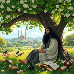 A beautiful scene depicting Ferdowsi, the renowned Persian poet, sitting under a grand tree in a lush green garden, where he is in the process of writing the Shahnameh