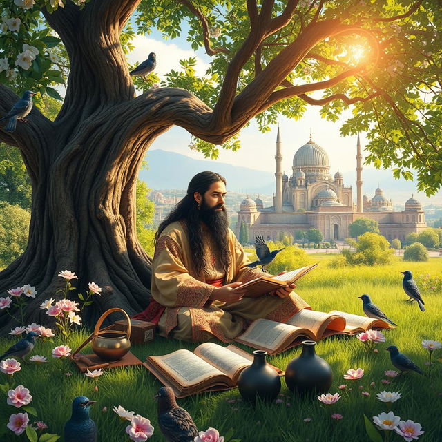 A beautiful scene depicting Ferdowsi, the renowned Persian poet, sitting under a grand tree in a lush green garden, where he is in the process of writing the Shahnameh