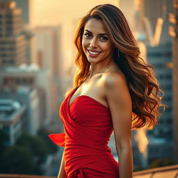 A stunning young woman in a flowing red dress, exuding confidence and charm, standing against a vibrant city backdrop