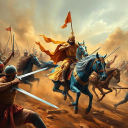 A chaotic battlefield scene in the Aravalli Hills during the 16th century, depicting the fierce clash between Rajput warriors and a colossal Mughal army