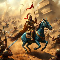 A chaotic battlefield scene in the Aravalli Hills during the 16th century, depicting the fierce clash between Rajput warriors and a colossal Mughal army