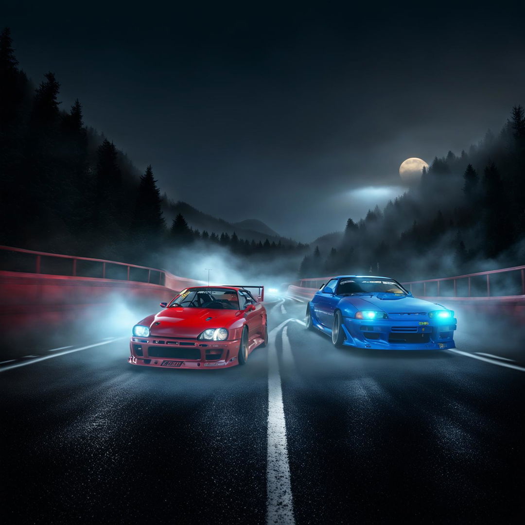 A high-quality 3D rendered image of a Toyota Supra and an R32 Skyline engaged in a thrilling touge race on a misty mountain road at dawn