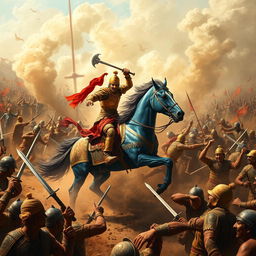 A chaotic battlefield set in the Aravalli Hills during the 16th century, depicting a fierce clash between determined Rajput warriors and a colossal Mughal army