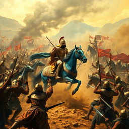 A chaotic battlefield set in the Aravalli Hills during the 16th century, depicting a fierce clash between determined Rajput warriors and a colossal Mughal army