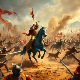 A chaotic battlefield set in the Aravalli Hills during the 16th century, depicting a fierce clash between determined Rajput warriors and a colossal Mughal army