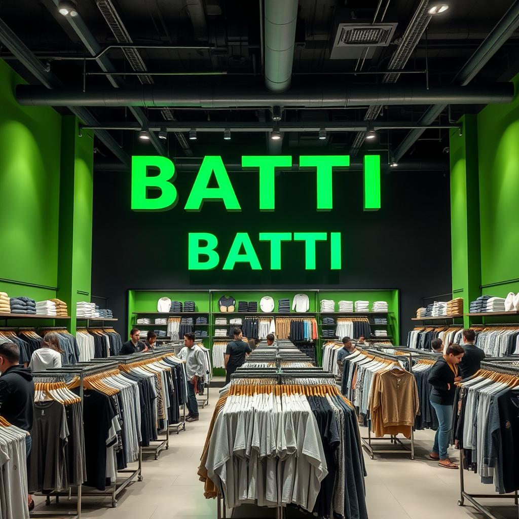 A large clothing store with green and dark gray walls featuring a variety of basic clothing items