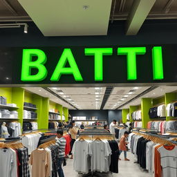 A large clothing store with green and dark gray walls featuring a variety of basic clothing items