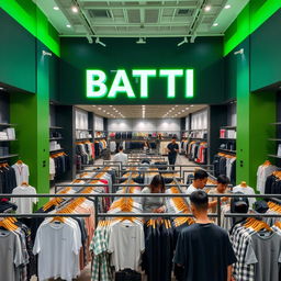 A large clothing store with green and dark gray walls featuring a variety of basic clothing items