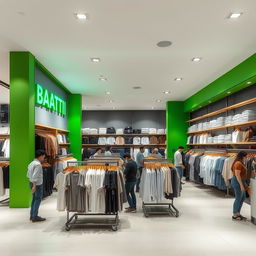A large clothing store with green and dark gray walls featuring a variety of basic clothing items