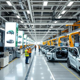 A modern electric vehicle manufacturing facility showcasing advanced technology and robotics