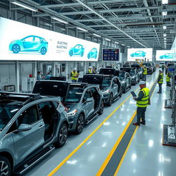 A modern electric vehicle manufacturing facility showcasing advanced technology and robotics