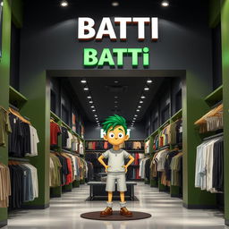 A large clothing store with walls painted in green and dark gray, featuring a variety of basic clothing items displayed prominently