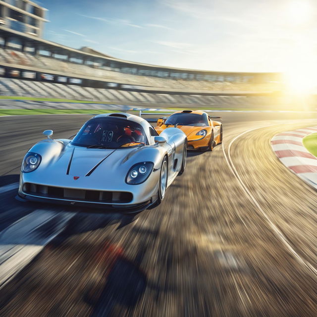 A high-quality 3D render of a Porsche 918 racing a McLaren P1 on a professional racetrack