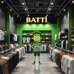 A large clothing store with walls painted in green and dark gray, featuring a variety of basic clothing items displayed prominently