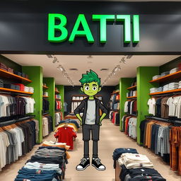 A large clothing store with walls painted in green and dark gray, featuring a variety of basic clothing items displayed prominently