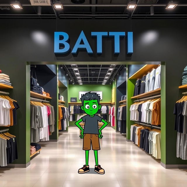 A large clothing store with walls painted in green and dark gray, featuring a variety of basic clothing items displayed prominently