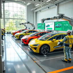 A futuristic electric vehicle manufacturing facility, showcasing advanced robotics assembling sleek electric cars