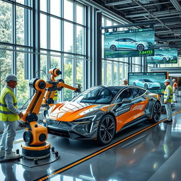A futuristic electric vehicle manufacturing facility, showcasing advanced robotics assembling sleek electric cars