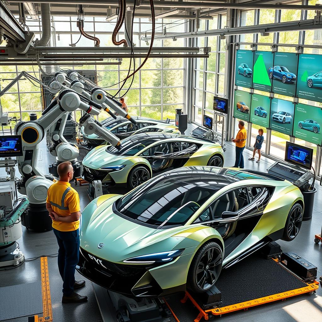 A futuristic electric vehicle manufacturing facility, showcasing advanced robotics assembling sleek electric cars