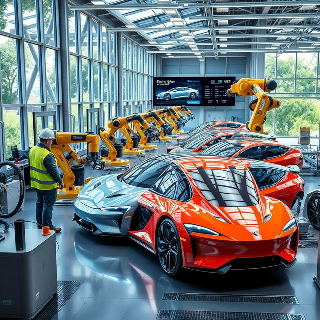 A futuristic electric vehicle manufacturing facility, showcasing advanced robotics assembling sleek electric cars