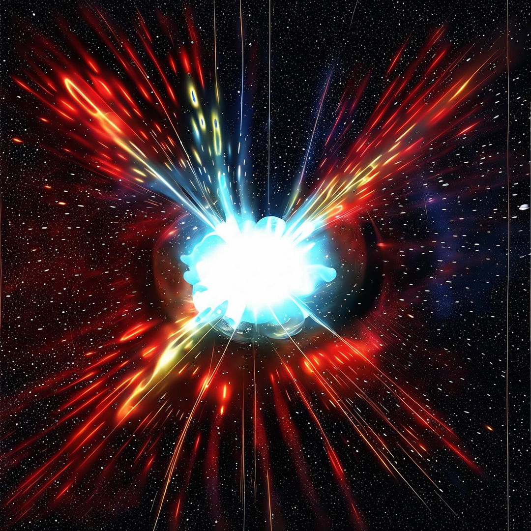 A high-quality digital illustration of a pulsar star, depicting its compact, spherical form, turbulent surface, and powerful jets of radiation emitted from its magnetic poles