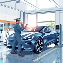 An informative and visually engaging illustration of an electronic vehicle maintenance scene in a modern garage environment