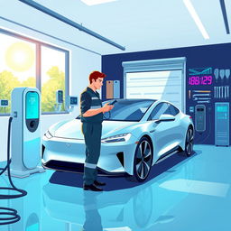 An informative and visually engaging illustration of an electronic vehicle maintenance scene in a modern garage environment