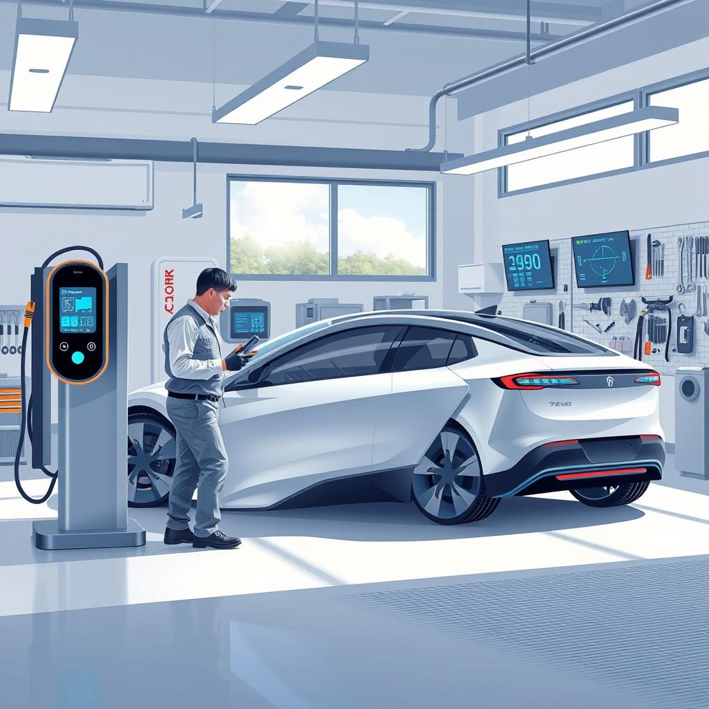 An informative and visually engaging illustration of an electronic vehicle maintenance scene in a modern garage environment