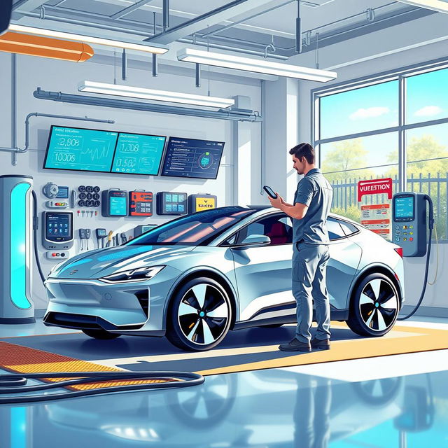 An informative and visually engaging illustration of an electronic vehicle maintenance scene in a modern garage environment