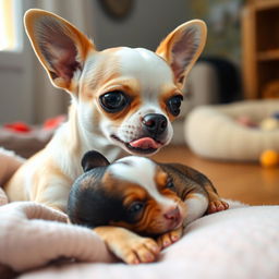 A Chihuahua gently cuddling and licking its small puppy in a cozy indoor setting