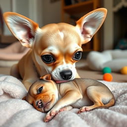 A Chihuahua gently cuddling and licking its small puppy in a cozy indoor setting