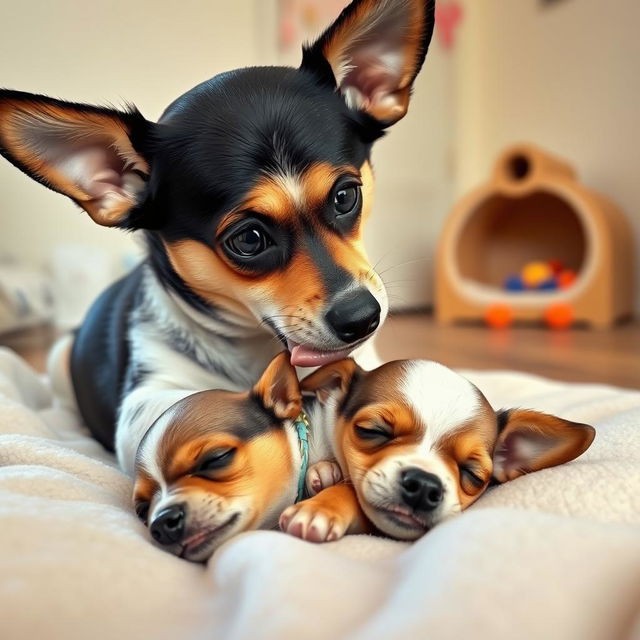 A Chihuahua gently cuddling and licking its small puppy in a cozy indoor setting