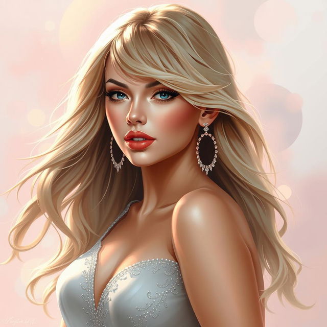 A digital painting of a glamorous, fictional pop star inspired by Taylor Swift, with long flowing blonde hair, wearing an elegant and stylish outfit with shimmering details