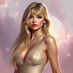 A digital painting of a glamorous, fictional pop star inspired by Taylor Swift, with long flowing blonde hair, wearing an elegant and stylish outfit with shimmering details