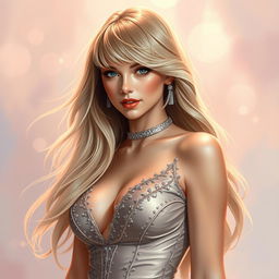 A digital painting of a glamorous, fictional pop star inspired by Taylor Swift, with long flowing blonde hair, wearing an elegant and stylish outfit with shimmering details