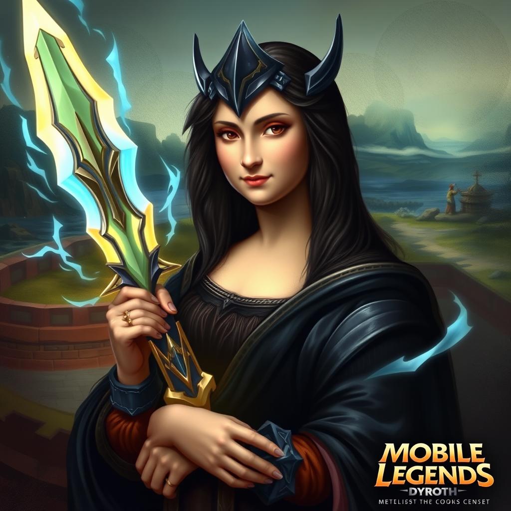 A reinterpretation of the Mona Lisa as Dyroth, a hero from Mobile Legends