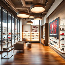 A interior design of a trendy shoe shop, featuring modern aesthetics with sleek, minimalist display shelves showcasing a variety of stylish shoes including sneakers, heels, and boots